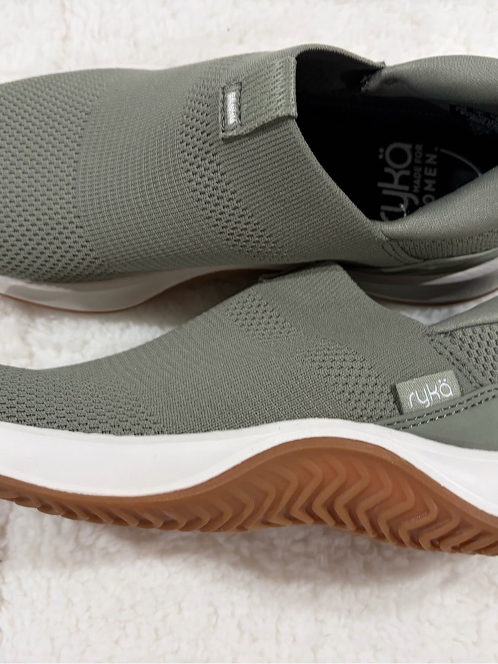 Ryka Slip-On Knit Loafers in Sage Green and Gum
